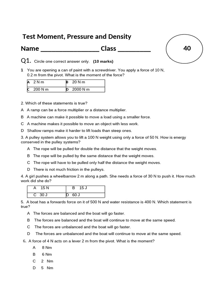 Moment, pressure and density Test | PDF | Force | Density