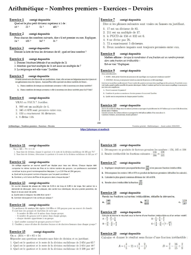 Exercices sur les Nombres Premiers 3ème | PDF | Nombre premier ...