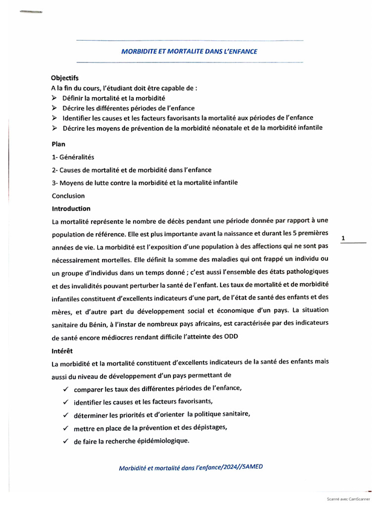 Morbidité Et Mortalité Dans L'enfance | PDF