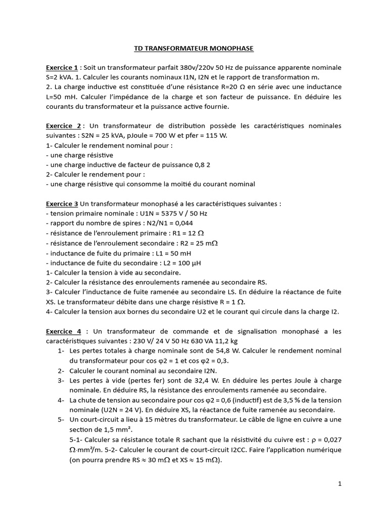 td transfo mono (1) PDF Transformateur électrique Grandeur physique — free download