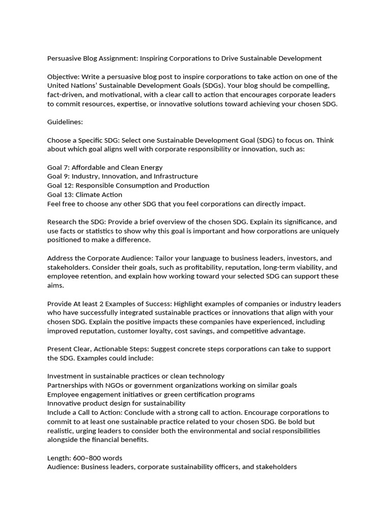 Persuasive Blog Assignment | PDF | Sustainability | Goal