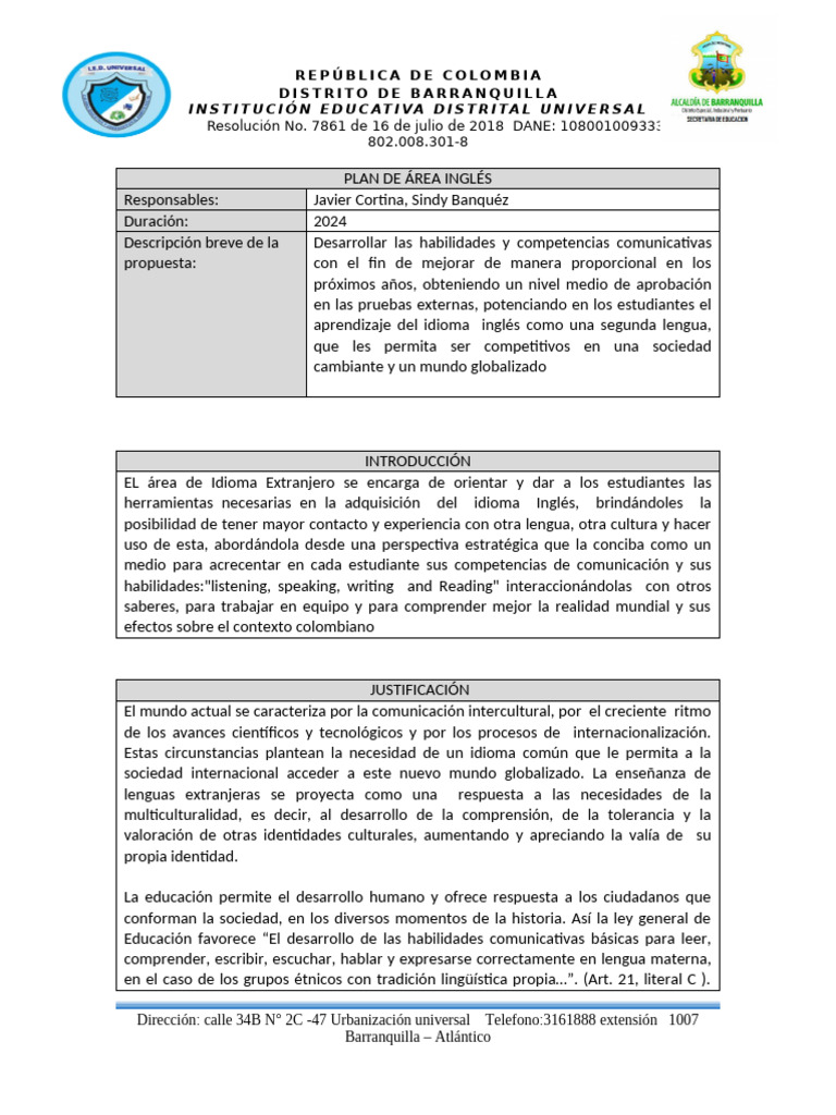 Plan de Área de Inglés 2024 en Barranquilla | PDF | Educación primaria ...