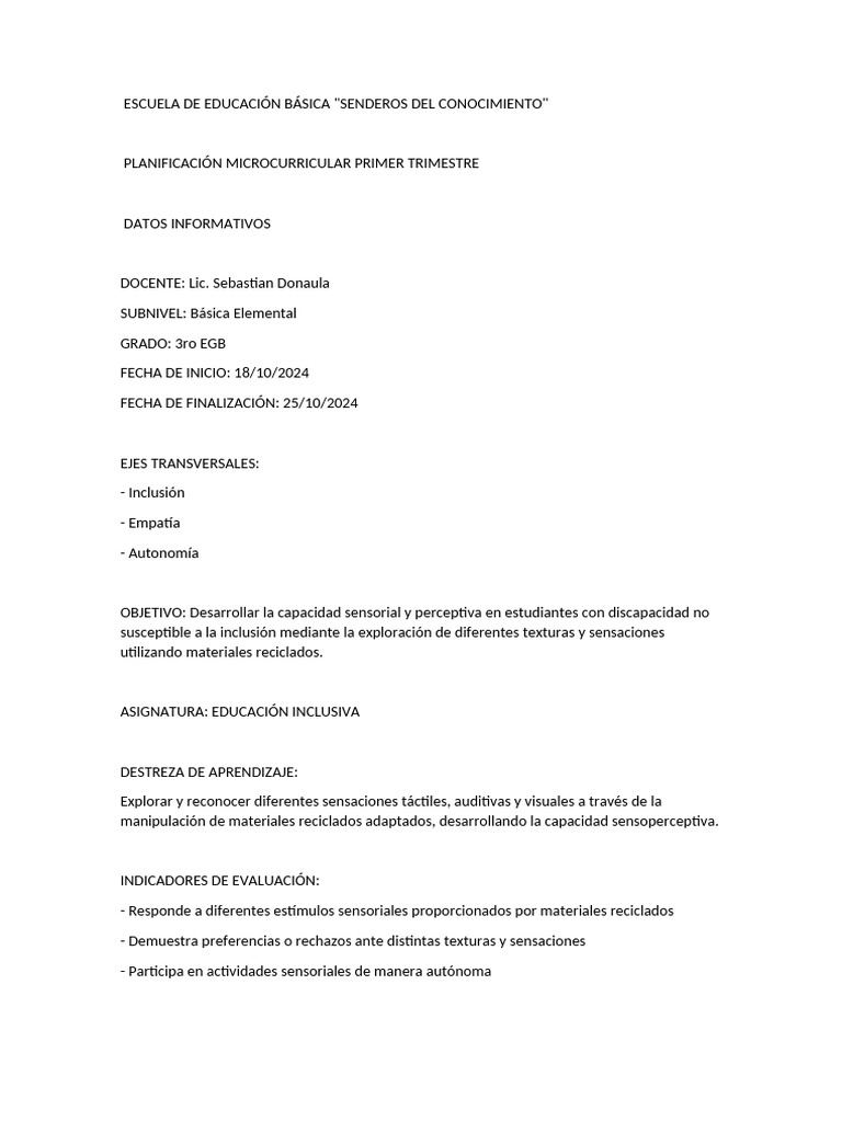 Plan de Clase Inclusiva | PDF | Papel | Cartón