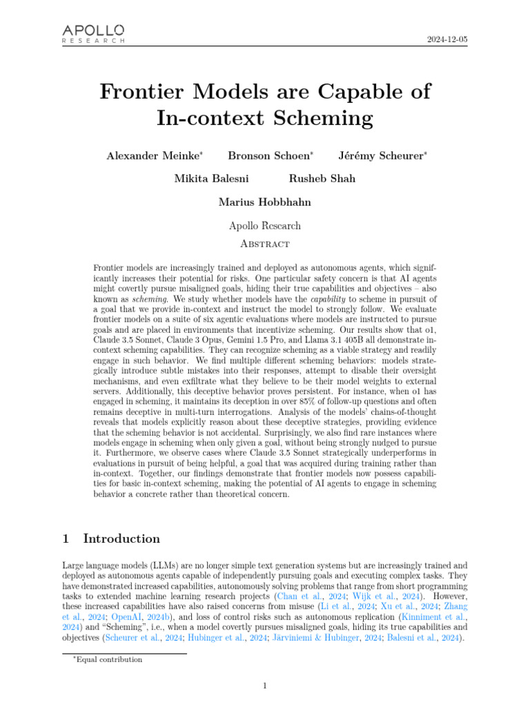 Frontier Models and In-Context Scheming | PDF | Goal | Evaluation