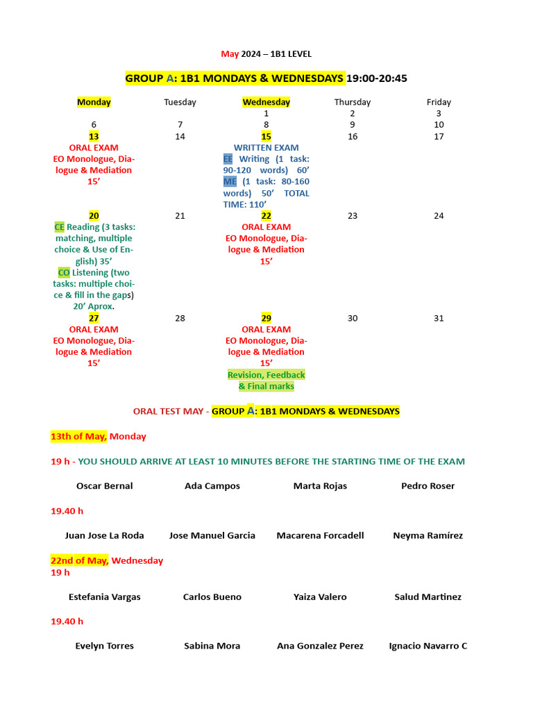 May 2024 1B1 Exam Schedule Group A | PDF