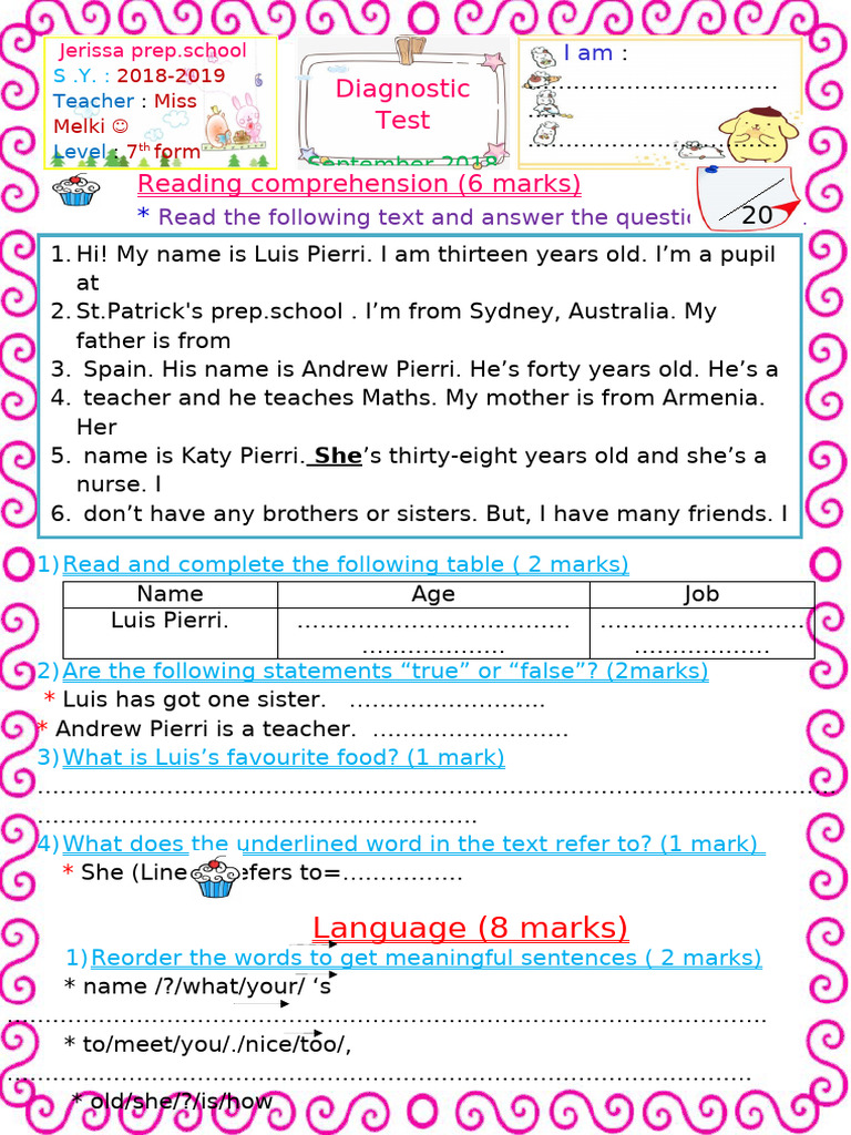 diagnostic test 7th form | PDF | Human Communication