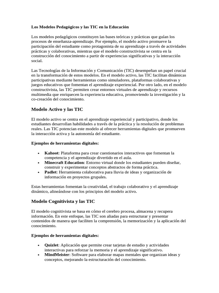 TIC y Modelos Pedagógicos en Educación | PDF | Tecnología de ...