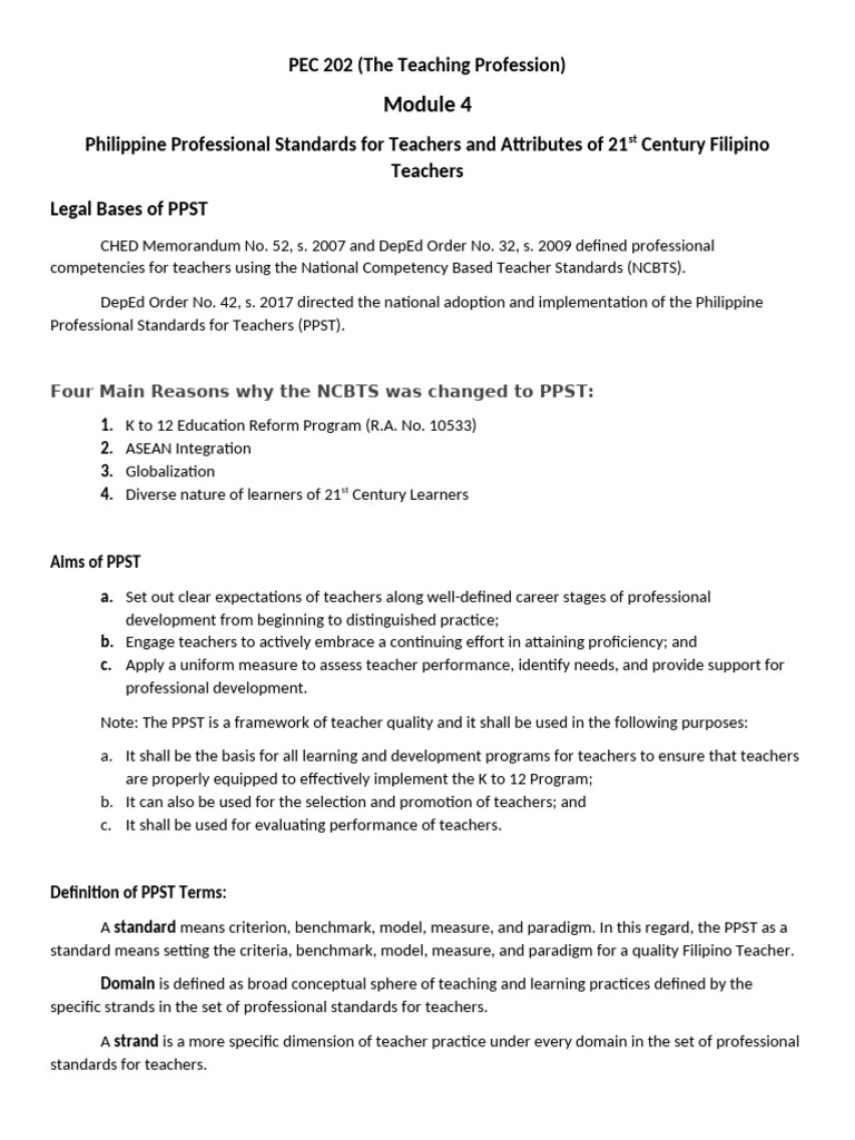 Module 4 philippine professional standards for teachers and attributes
