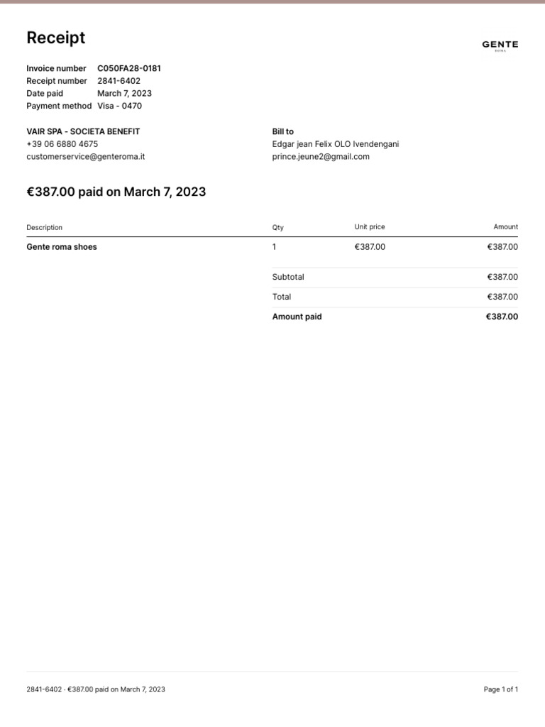 Receipt for Gente Roma Shoes Purchase | PDF