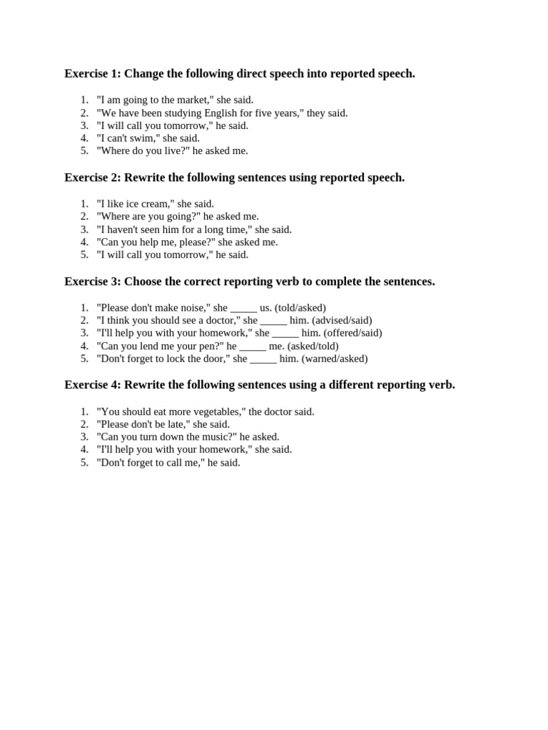 Reported Speech Exercises for Practice | PDF