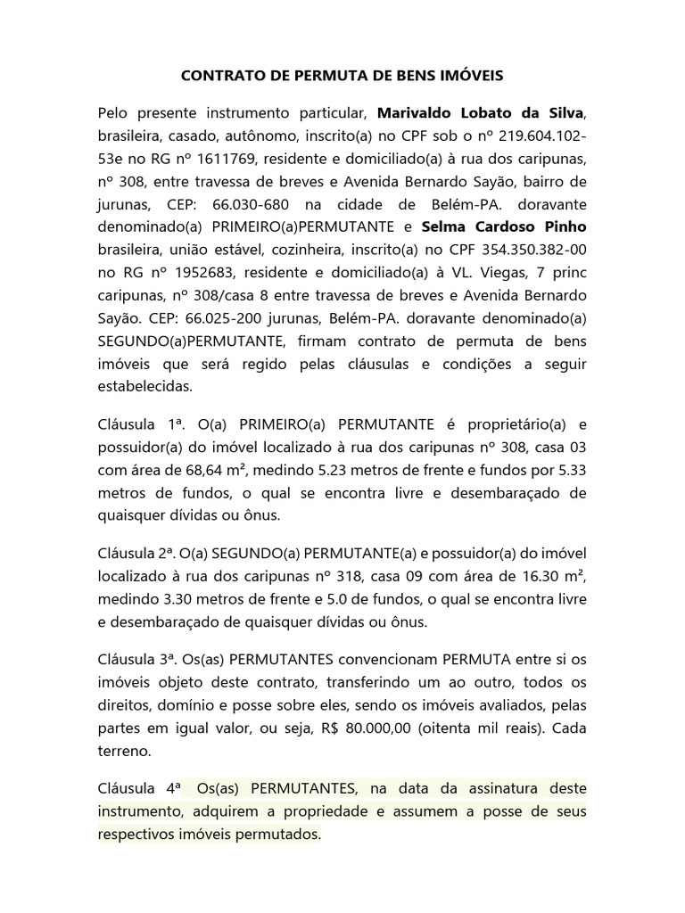 Contrato de Permuta de Imóveis Belém | PDF