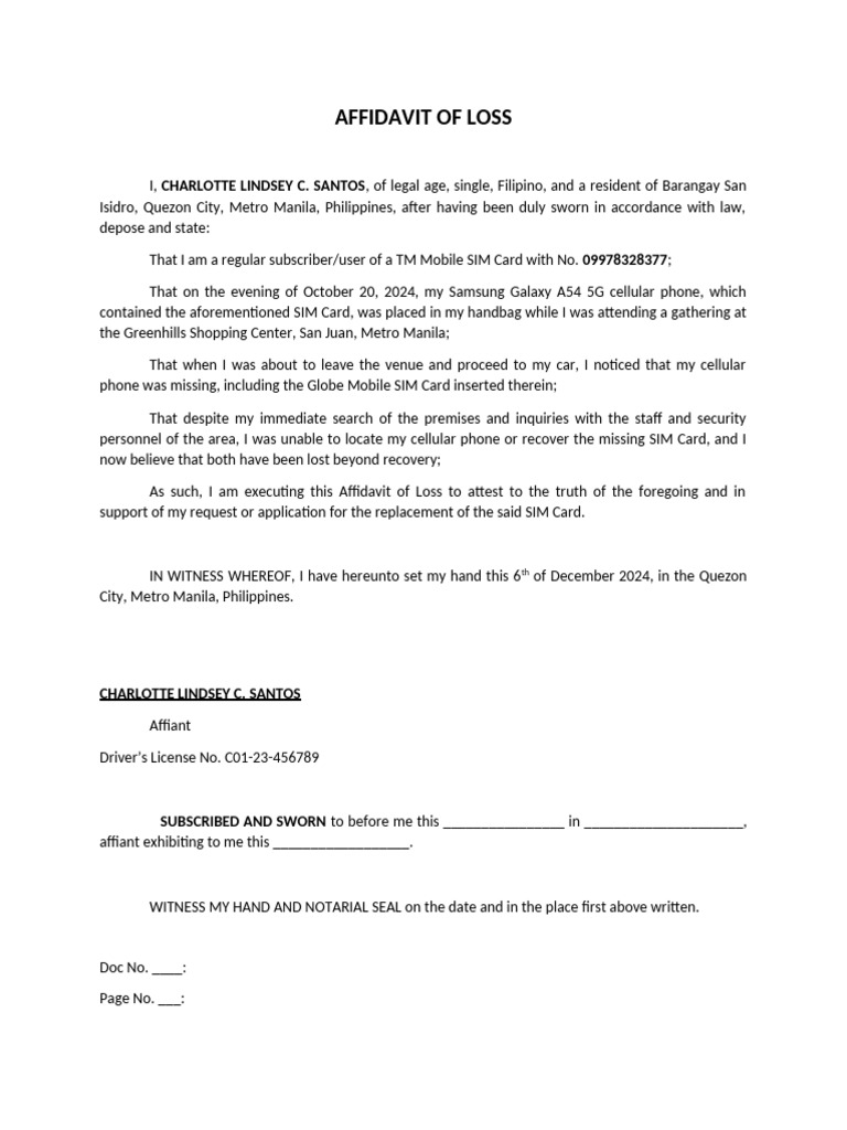 Affidavit of Loss for Mobile SIM Card | PDF