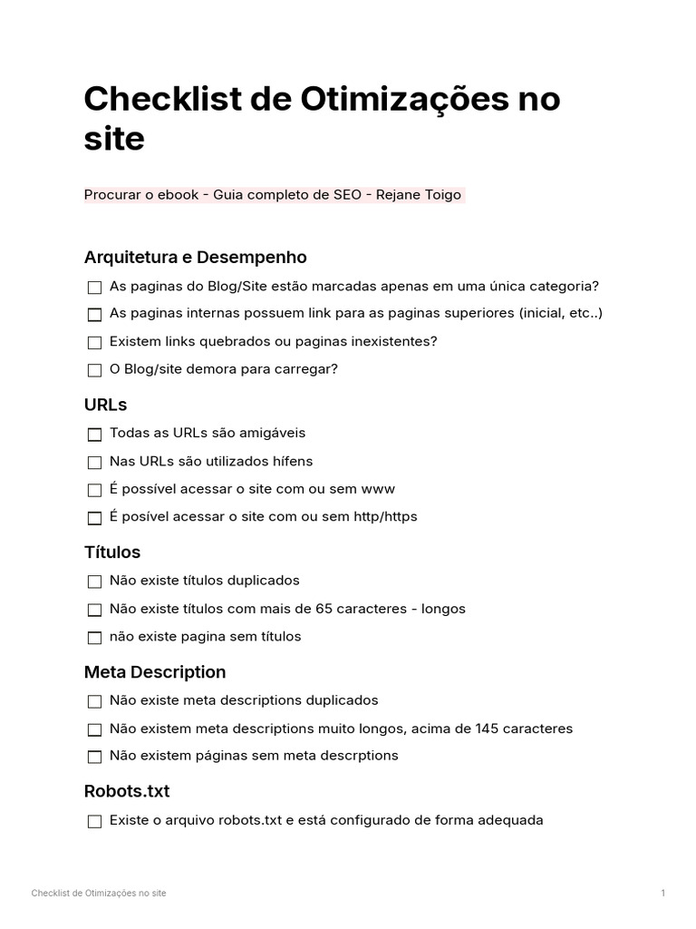 Checklist de Otimizações de SEO para Sites | PDF | Sites | Blog