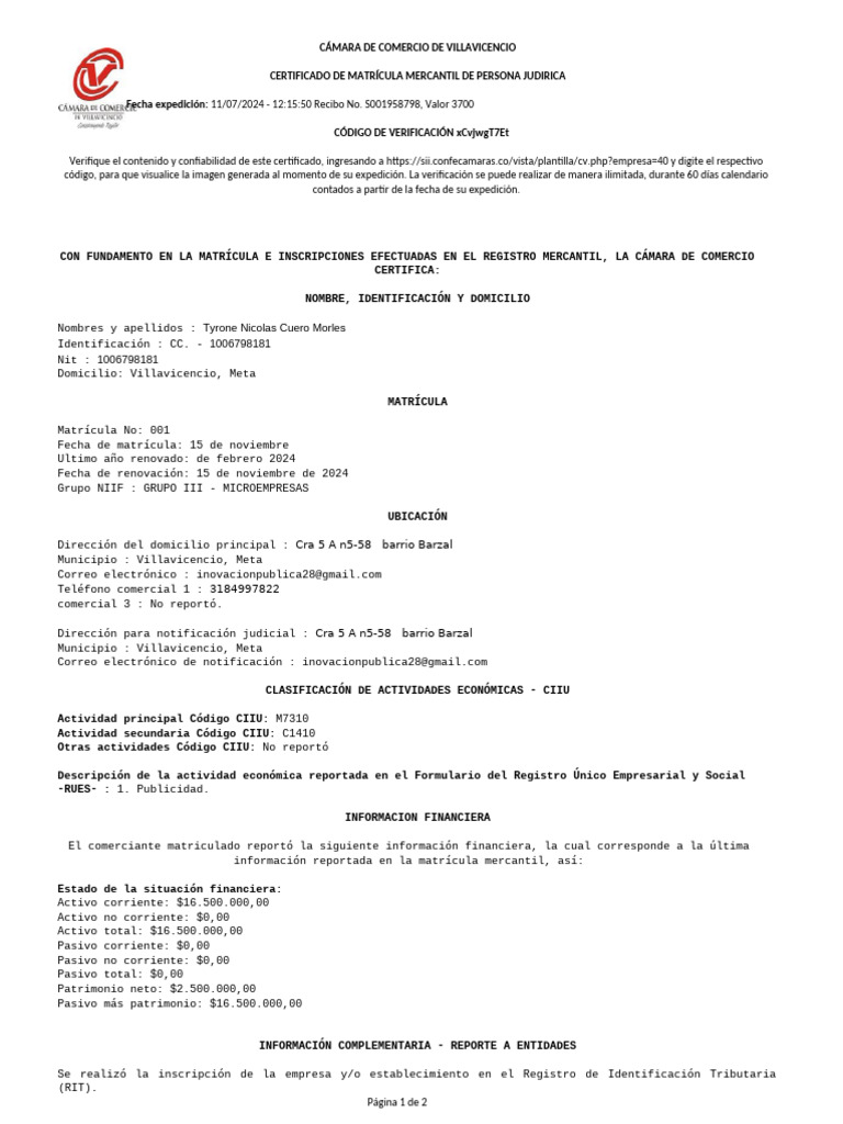 Certificado de Cámara de Comercio Villavicencio | PDF