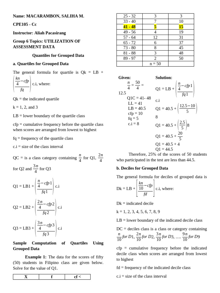 Cpe105 - CC Quantiles Group Data Handouts | PDF | Quartile | Quantile