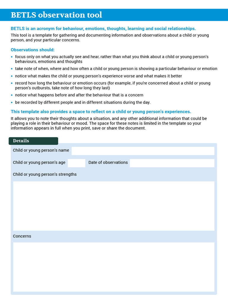 BETLS Observation Tool for Child Assessment | PDF | Emotions | Thought