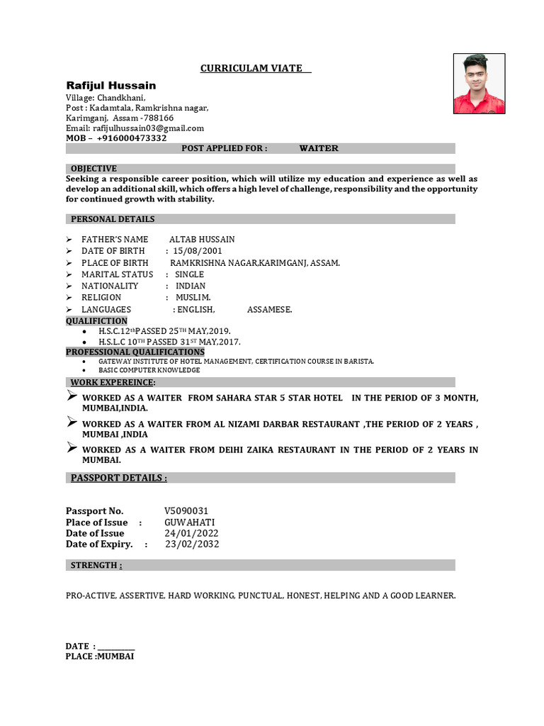 Waiter Resume of Rafijul Hussain | PDF