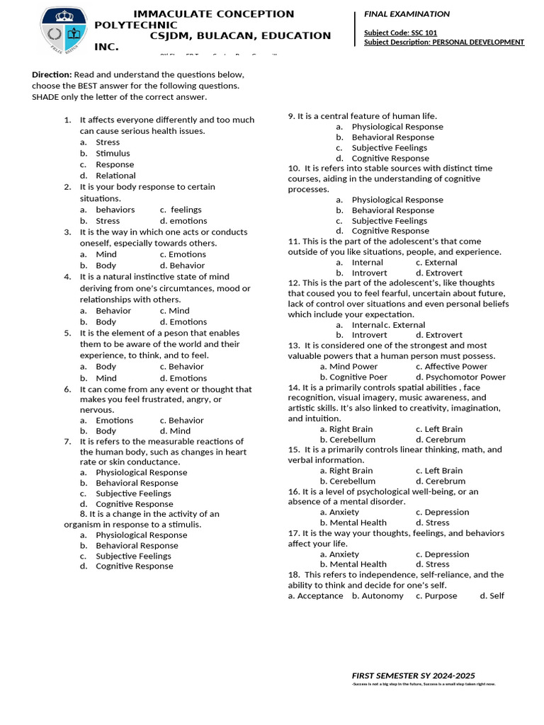 PerDev-F-Exam | PDF | Mental Disorder | Anxiety