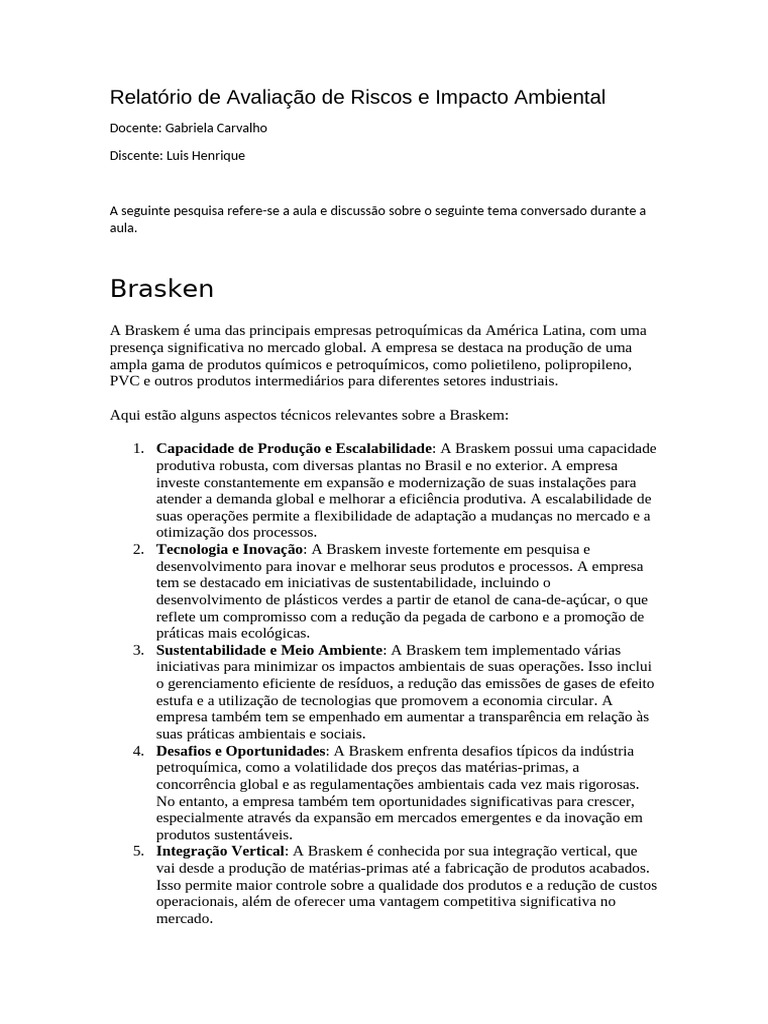 Avaliação de Riscos Ambientais da Braskem | PDF