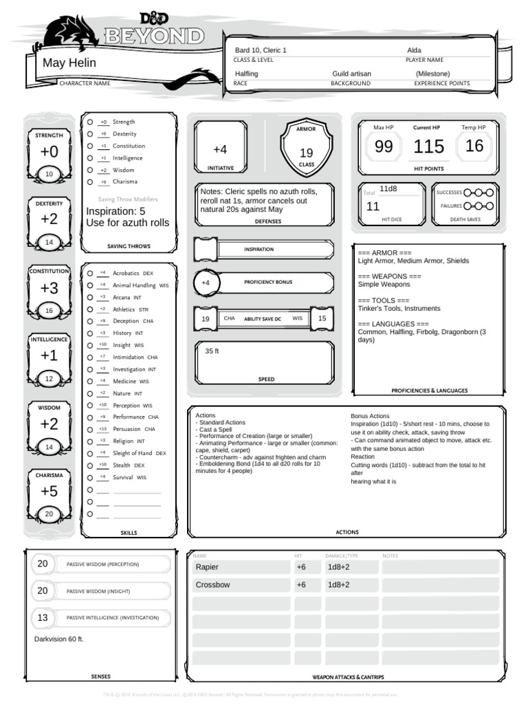D&D Character Sheet: Bard/Cleric Stats | PDF | Role Playing Games ...