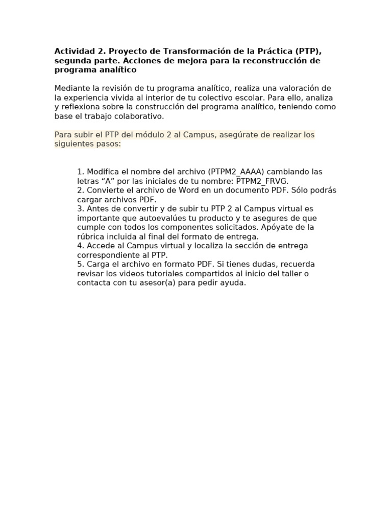 Mejora del Programa Analítico PTP 2 | PDF