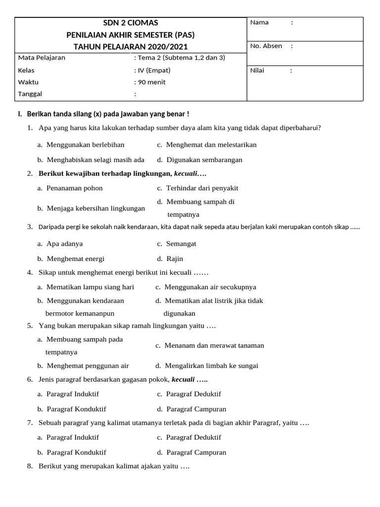 Kisi kisi soal pas tema 2 kelas 4 k 13