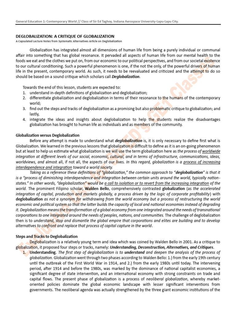 Deglobalization Lecture Notes | PDF | Globalization | Taxes