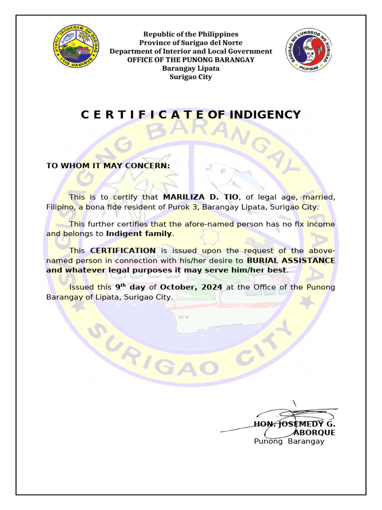 Certificate of Indigency for Burial Assistance | PDF