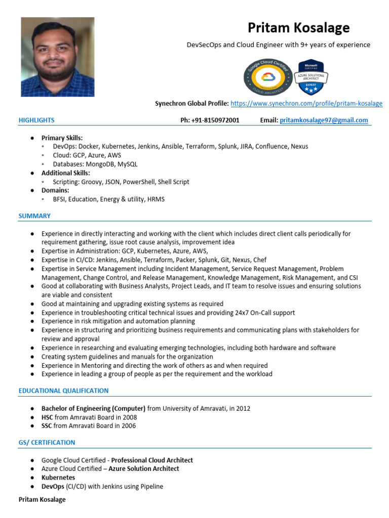 Pritam Kosalage DevSecOps Cloud Engineer 9yrs @dinesh | PDF | Cloud ...