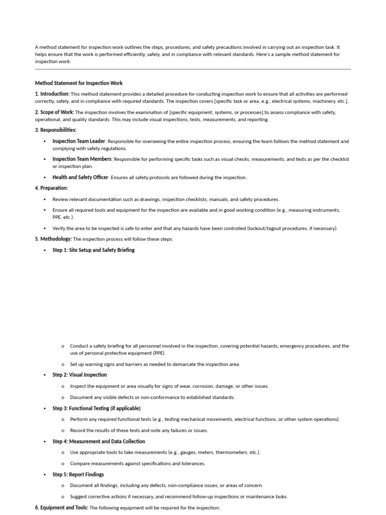 Method Statement for Inspection Work | PDF | Safety | Personal ...