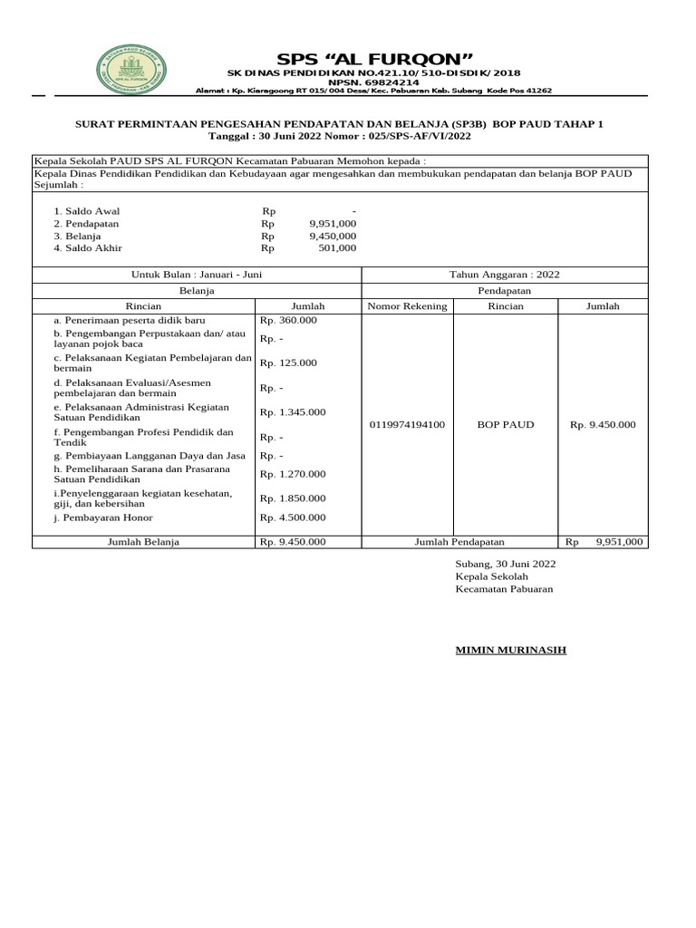 Surat Pengesahan BOP PAUD 2022 | PDF