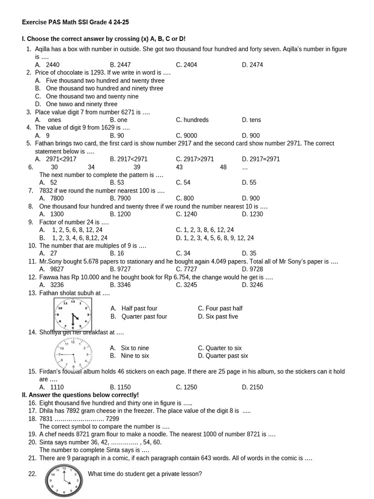 Latihan Pas 1 Math Ssi 4 24-25 | PDF