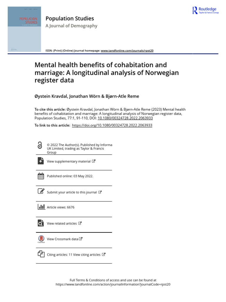 Mental Health Benefits of Cohabitation and Marriage A Longitudinal ...