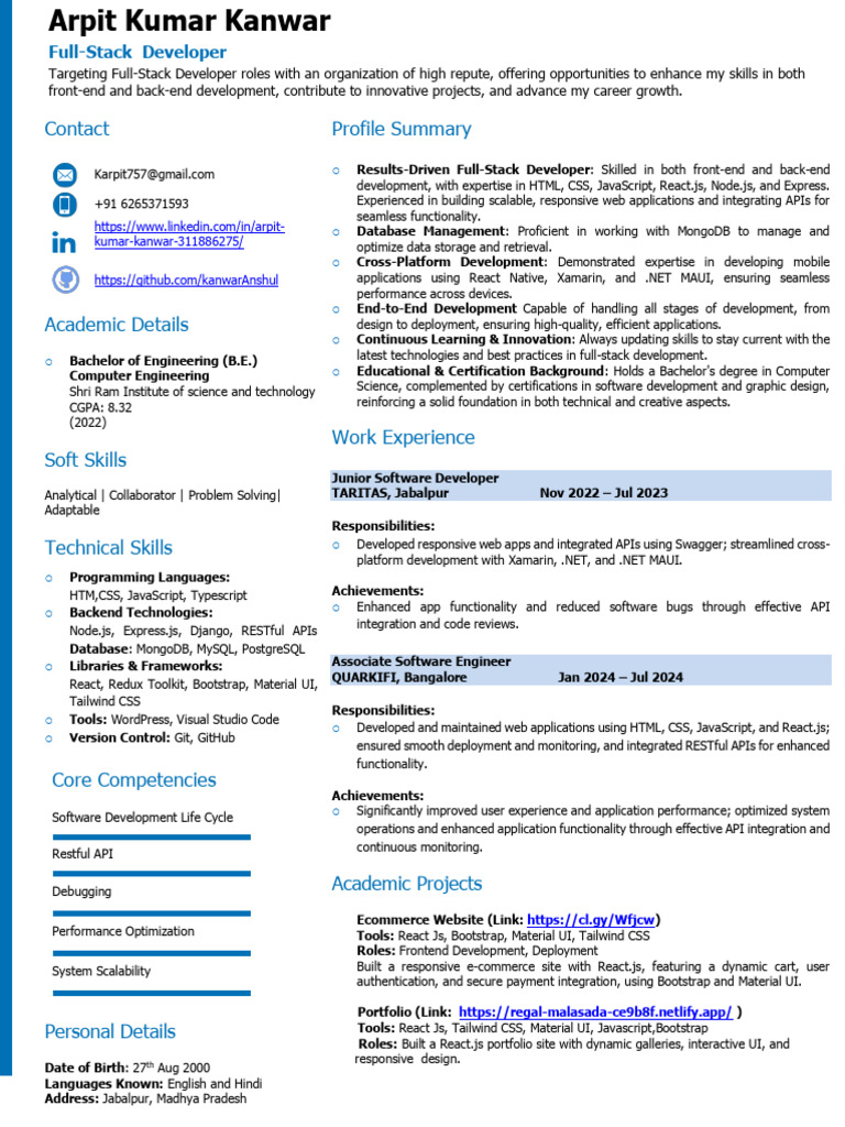 Full-Stack Developer Resume Overview | PDF | Bootstrap (Front End ...
