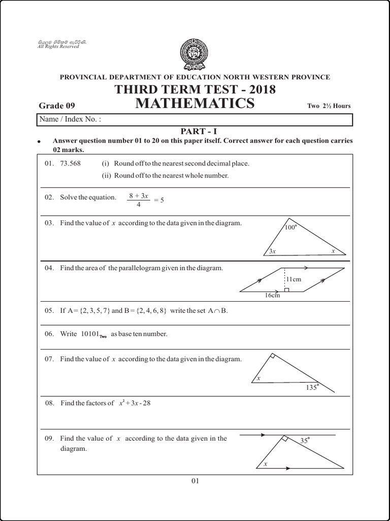 Grade 9 Maths Third Term Test 2018 | PDF | Area | Circle