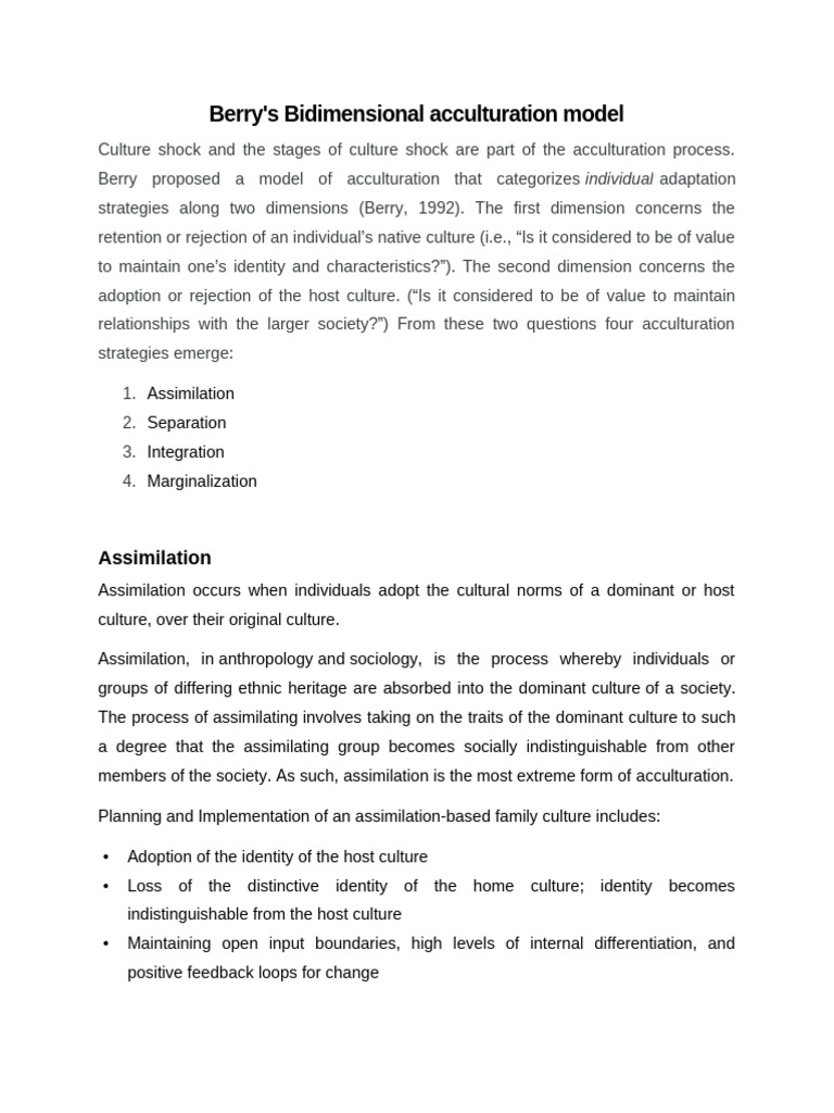 Berry's Acculturation Model Explained | PDF | Identity (Social Science ...