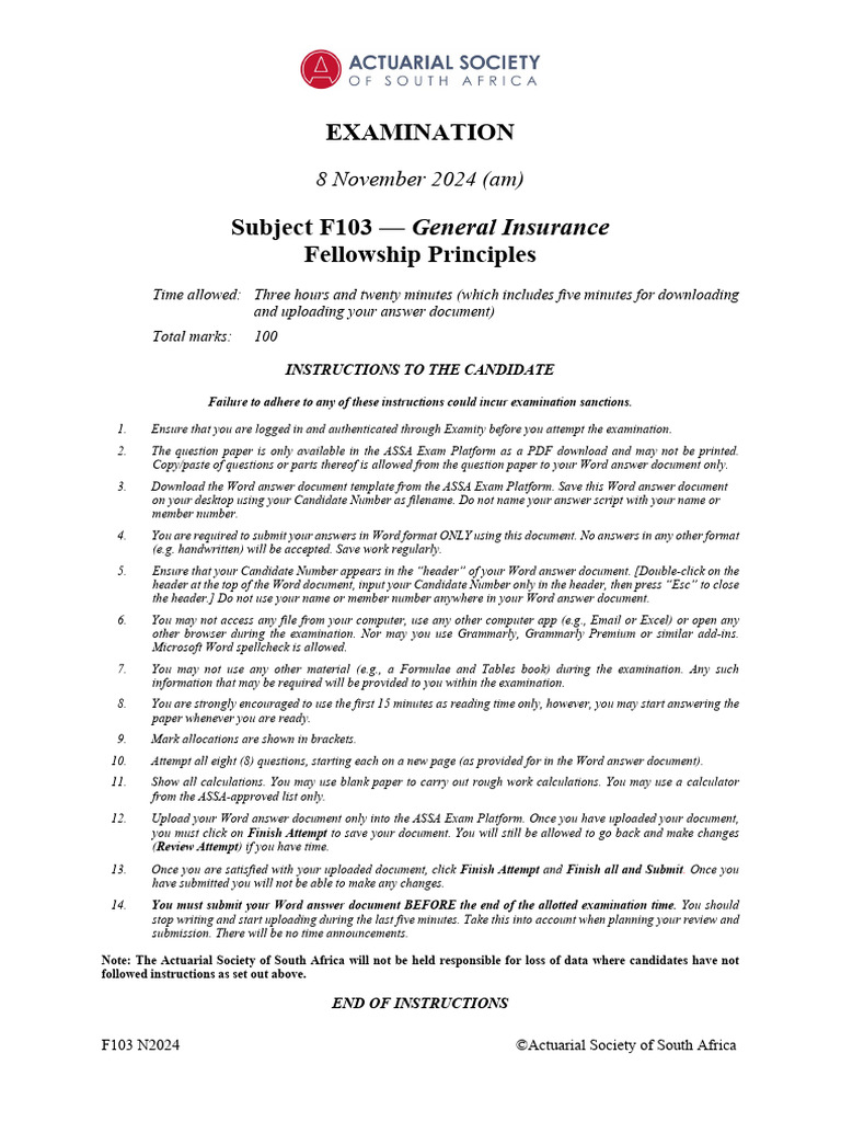 F103 General Insurance Exam Instructions | PDF | Reinsurance | Insurance