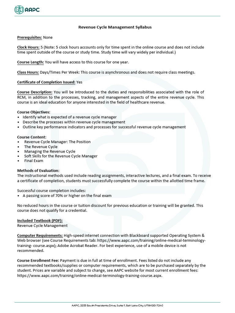 Revenue Cycle Management Syllabus24 | PDF
