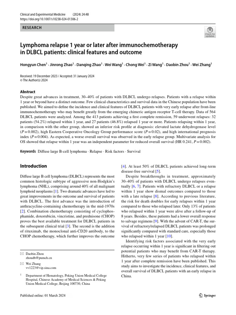 Lymphoma relapse 1 year or later after immunochemotherapy in dlbcl