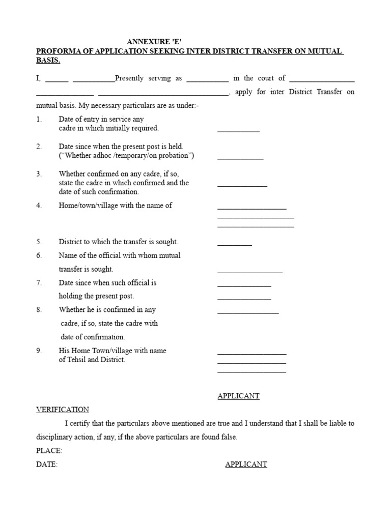 Inter District Transfer Application Form | PDF | Affidavit | Justice