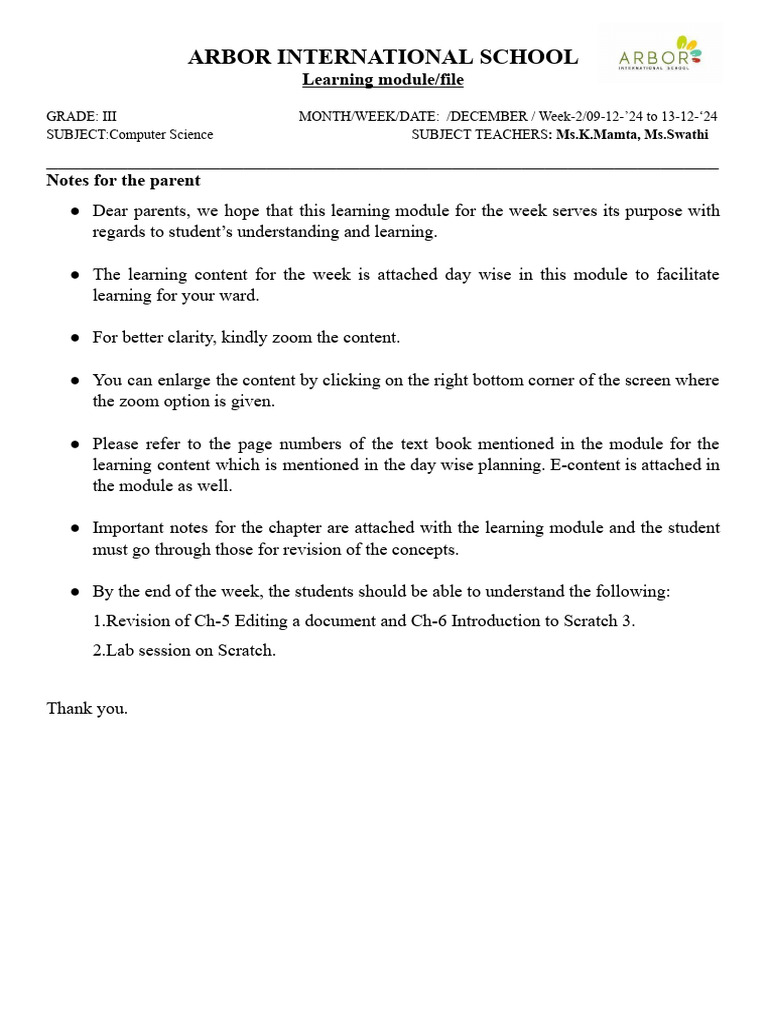 Arbor International School: Learning Module/file | PDF | Scratch ...