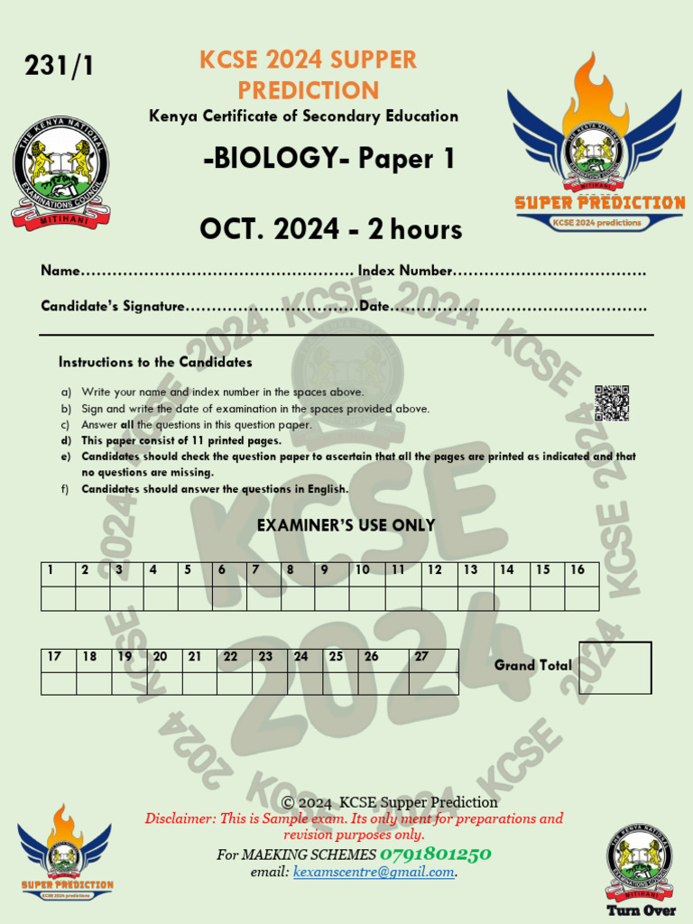 KCSE 2024 Biology Paper 1 Predictions | PDF | Vertebral Column | Vertebra