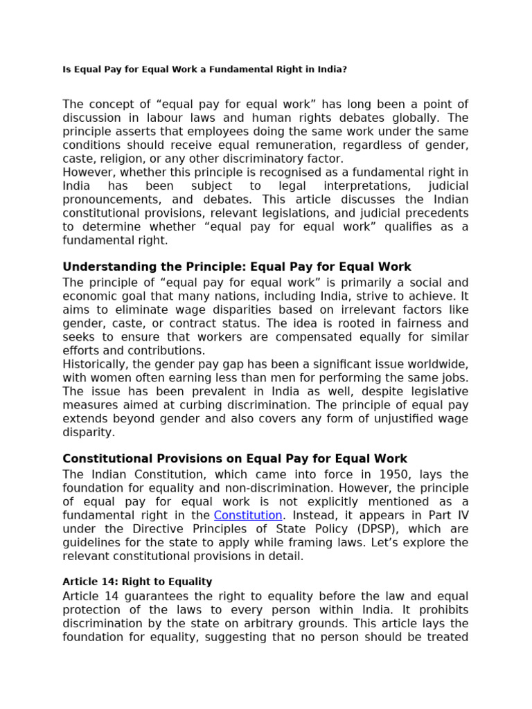 Is Equal Pay For Equal Work A Fundamental Right in India | PDF | Equal ...