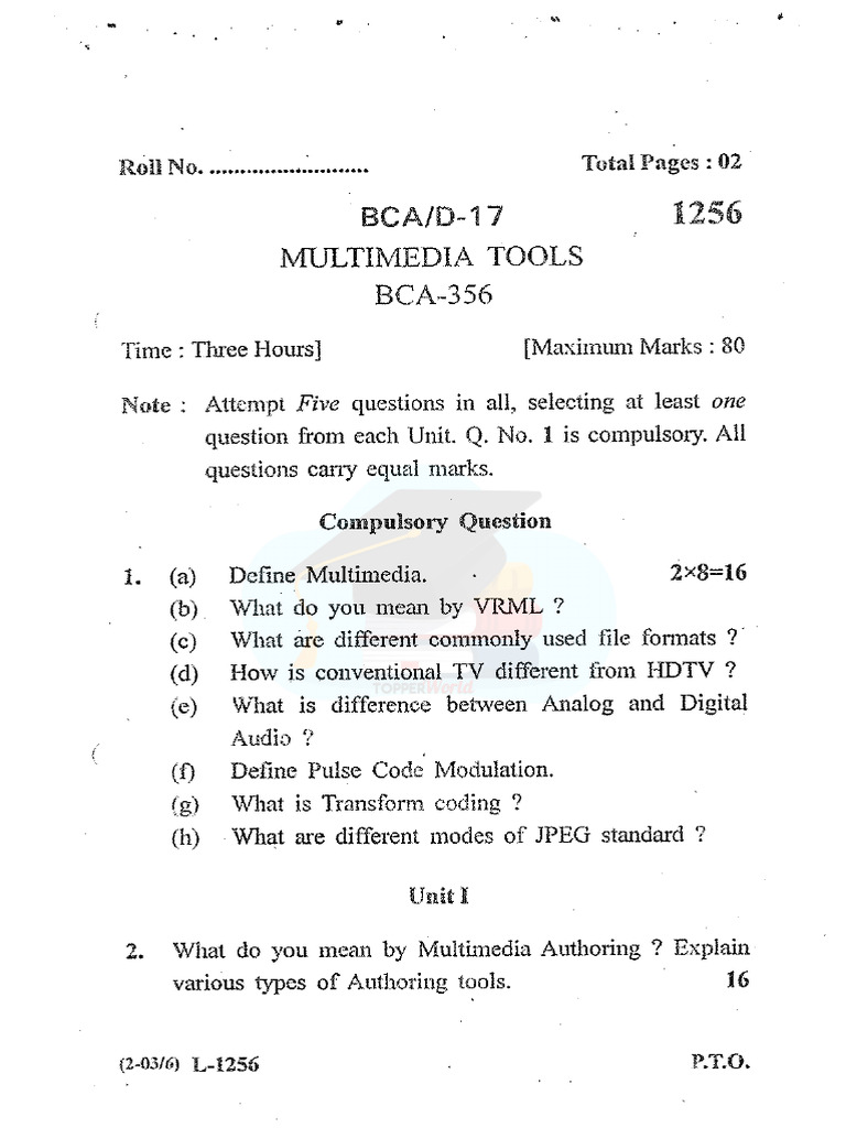 Multimedia Tools Exam Paper BCA-356 | PDF