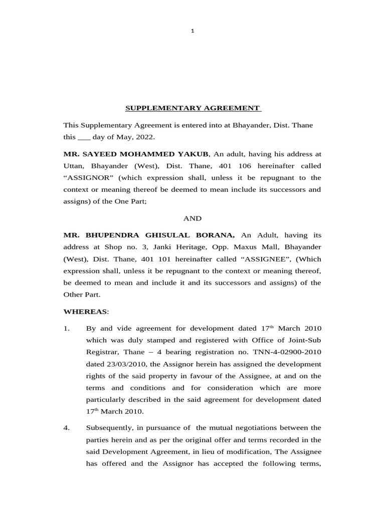 Supplementary Development Agreement 2022 | PDF | Assignment (Law) | Consent