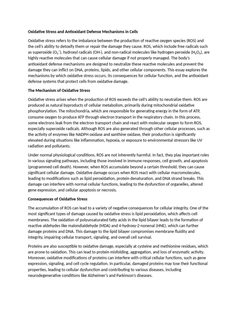 Oxidative Stress and Antioxidant Defense Mechanisms in Cells | PDF ...