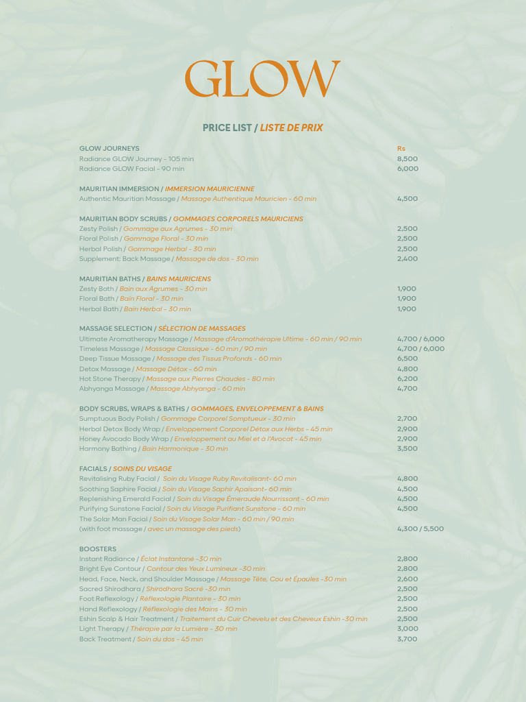 Spa GLOW Menu With Prices | PDF | Cheveux | Cheveux