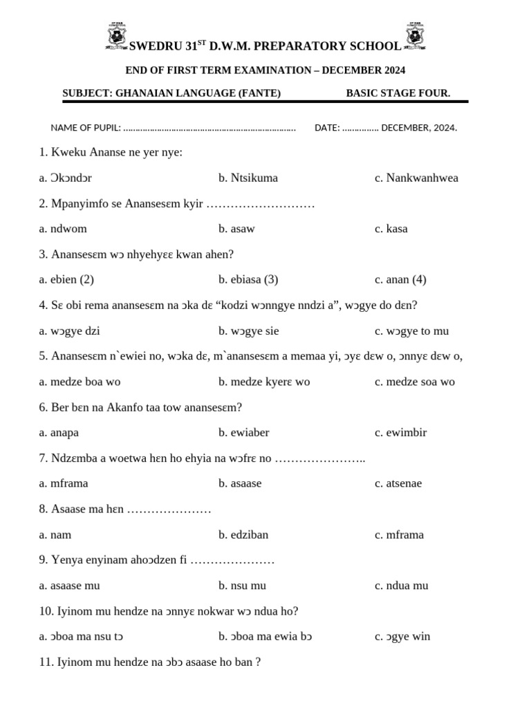 Primary 4 Fante Exam Questions | PDF