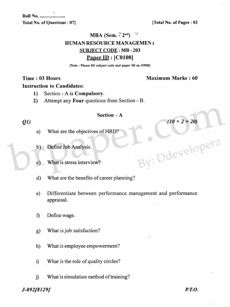 MBA HRM Exam Paper - Key Topics | PDF | Career & Growth | Finance ...