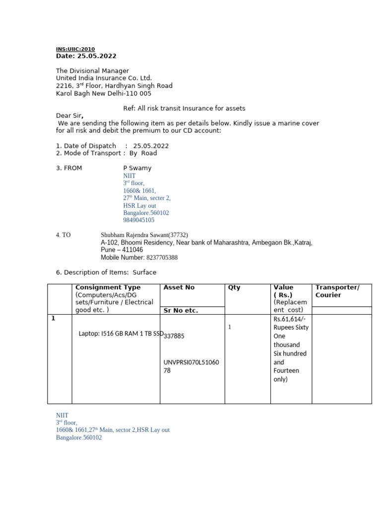 All Risk Transit Insurance Request | PDF